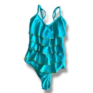Smeralda Teal Ruffle One Piece Swimsuit Gold Trim Tiered Size M